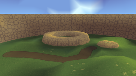 A Spyro-style environment with some sort of well or fountain.